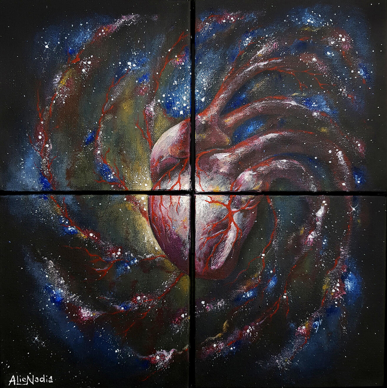 Alienadia. Scattered krd00, krd01, krd10, krd11. Broken Heart. AlieNadia. Acrilico su quadrittico. 20x20 cm Area 40x40 cm. 2021.