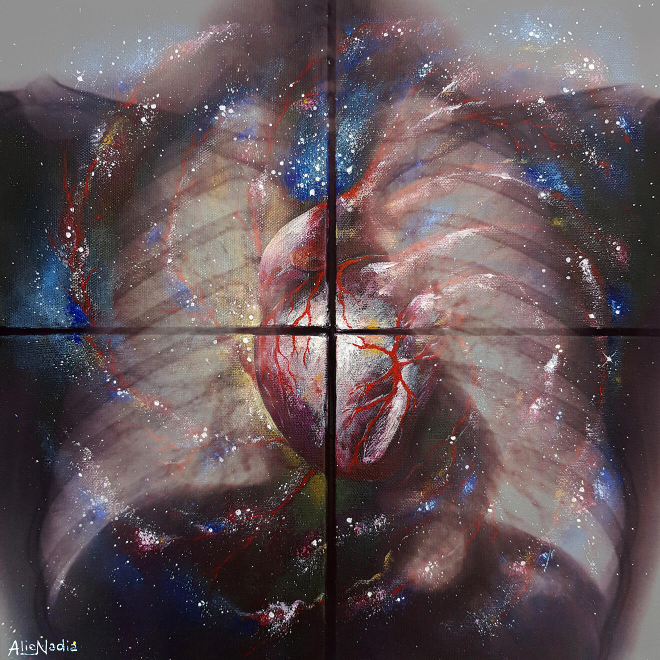 AlieNadia. Scattered krd00, krd01, krd10, krd11 Acrilico su quadrittico. Composizione digitale con lastra radiografica. 2021. AlieNadia. Scattered krd00, krd01, krd10, krd11 Acrilico su quadrittico. Composizione digitale con lastra radiografica. 2021.